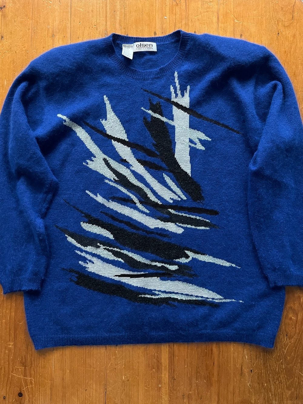 Vintage Olsen Collection Wool Angora Shoulder Pad Abstract Cobalt Blue Sweater